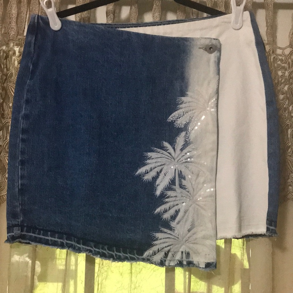 🐞Desigual Denim Palm-Print Wrap Skirt